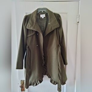 Xhilaration Olive Green Ruffle-Trim Coat – XL, Belted, Heavyweight, Military-Ins